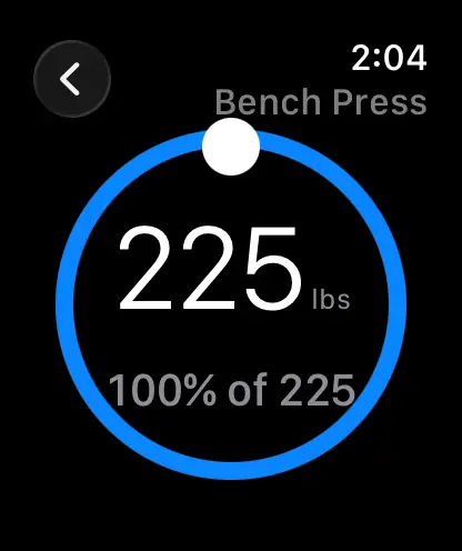 Apple Watch percentage dial: Bench Press, 225 lb at 100% of 225