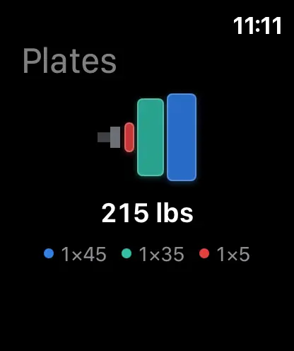 Apple Watch plates screen: 215 lb, one 45, one 35 and one 5 lb plate on one side of the bar