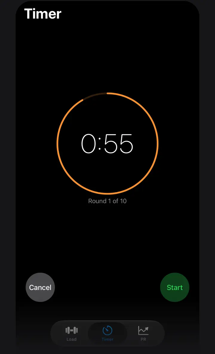 LoadPR+ EMOM timer, round 1 of 10